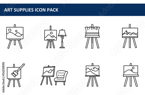 Art supplies icon pack showcasing various artistic tools and materials. Line art illustrations of easels, paintbrushes, lamps, and chairs for a professional artist in a creative workspace.
