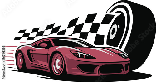 Red Race Car Speeding Past Checkered Flag, Vector Illustration
