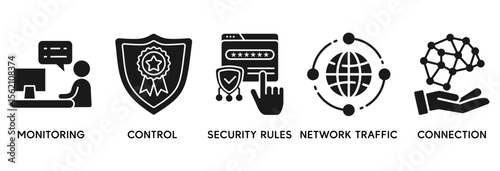 Firewall icon set vector illustration concept relate to network security system with icon of monitoring, control, security rules, network traffic and connection