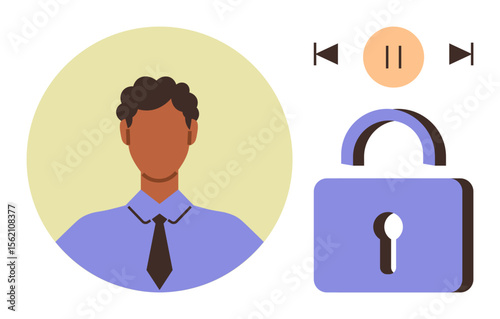 Persons avatar alongside media playback controls and a padlock icon represent privacy, user control, data security, access restriction, technology, multimedia navigation, and personal data