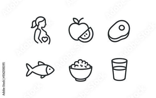 Healthy living icons: pregnant female, fruit, meat, fish, bowl, glass vector icon isolated illustration