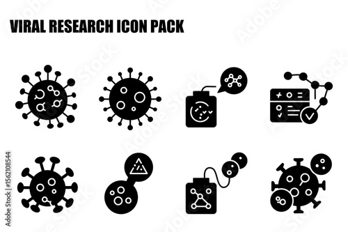 Viral research icon pack depicting various stages of virus research and testing. Set of illustrations for medical and scientific publications, or educational materials.