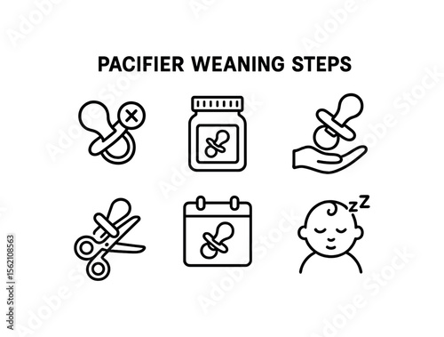 Pacifier weaning steps icon set with child sleeping symbol vector icon isolated illustration