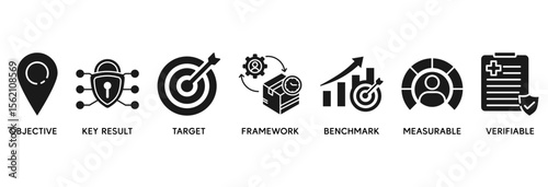 OKR icon set vector illustration concept relate to objectives and key results with icon of objective, key results, target, framework, benchmark, measurable, and verifiable
