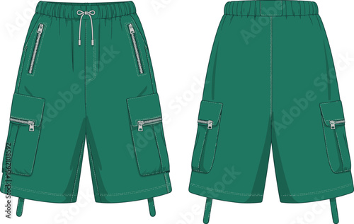 Green cargo shorts with multiple zipper pockets and elastic drawstring waistband, stylish casual outdoor fashion illustration, functional travel clothing design