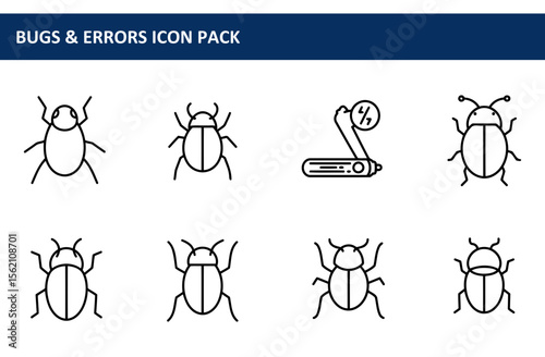 Bugs and errors icons in a technical setting. Simple, outline illustrations of various bugs and an error symbol on a white background.