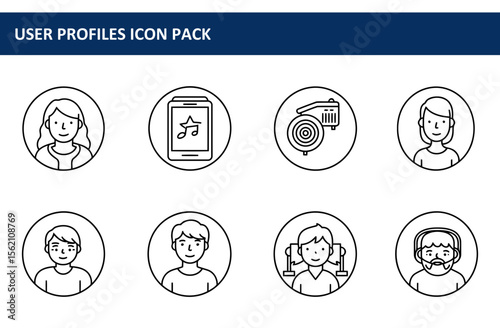 User profile icons with various activities in a simple, modern style. Diverse user profiles representing music listening, air pump, and other common activities.