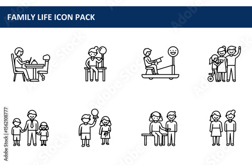 Family life icon pack depicting various family scenarios in different settings. Diverse family members engaged in everyday activities and social interactions.