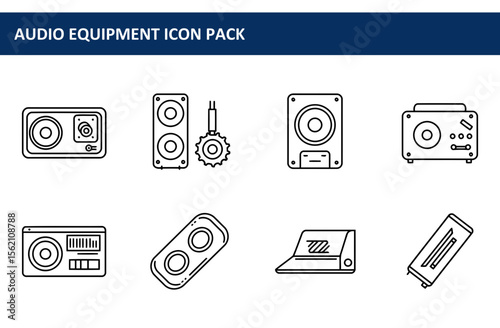 Audio equipment line icons in various styles. Collection of simple, black and white illustrations of audio equipment like speakers, subwoofers, a radio, and other components.