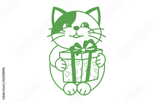 Cheerful line art cat happily holds a cute gift box wrapped with hearts