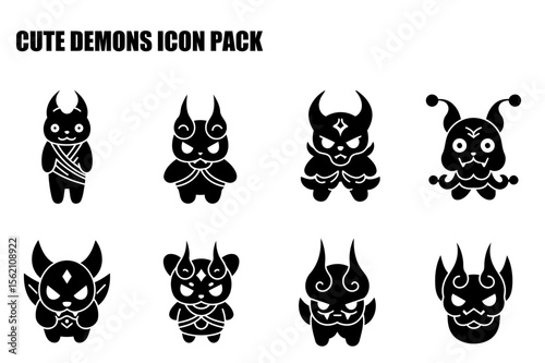 Cute demon icons in various poses. Silhouette figures of adorable, stylized demons on a white background. Character design collection. digital art.