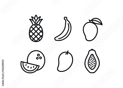 Outline icons of tropical fruits on dark background vector icon isolated illustration