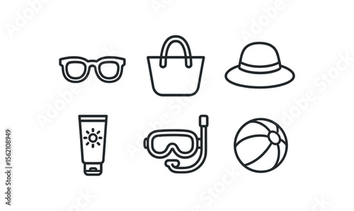 Minimalist summer icons: sunglasses, bag, hat, sunscreen, snorkel, beach ball vector icon isolated illustration