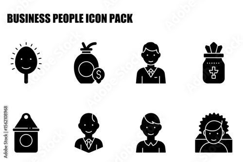 Business people icon pack featuring various professional roles with diverse demographics. Simple, stylized illustrations of individuals in different business settings.