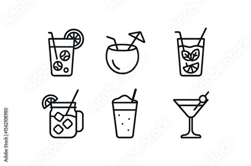 Illustrated icon set of various cocktails and drinks on dark background vector icon isolated illustration