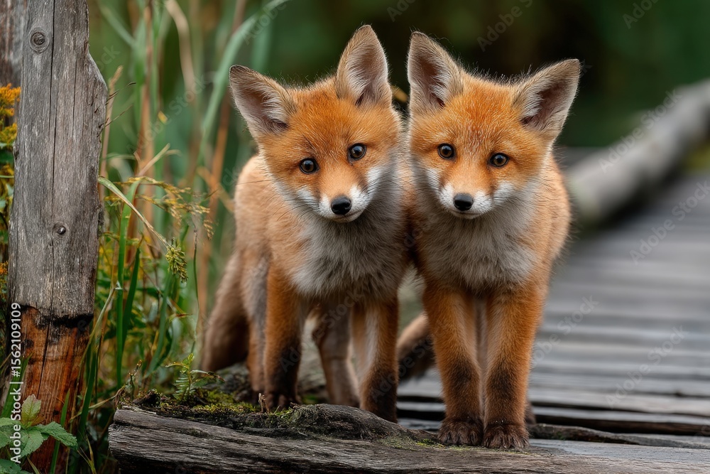 Fototapeta premium Adorable Fox Kits on Wooden Bridge