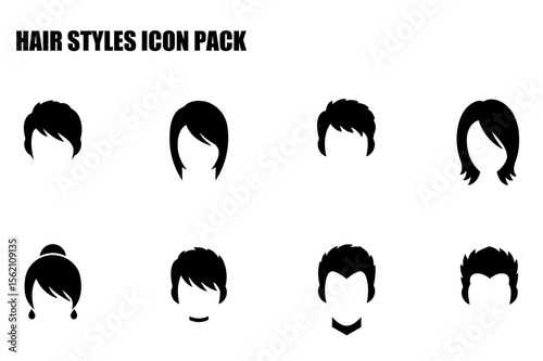 Hair styles icon pack showing various haircuts for men and women. Simple silhouettes of diverse hairdos on a plain white background.