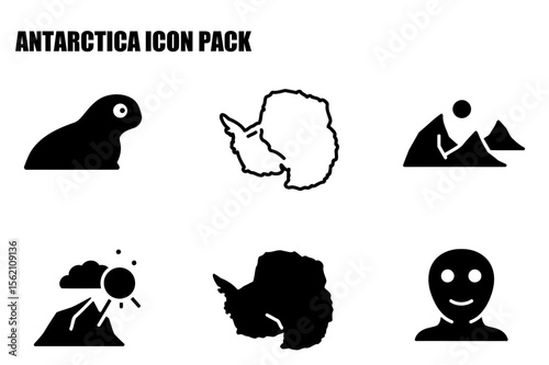 Antarctica icon pack showing various elements, like a stylized animal, continent map, mountain range, weather, and alien-like figure.