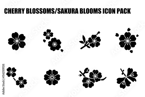 Cherry blossom/Sakura flower icon set in various poses/arrangements. Black and white silhouette design for spring themed illustrations.