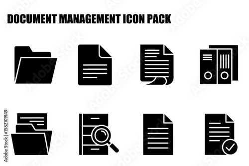 Document management icons depicting folders, files, and filing cabinets in a simple, black and white design. A set of basic icons for digital document management.