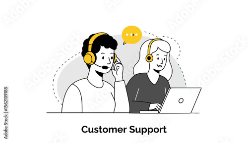 A team of friendly customer support agents wearing headsets and casual attire are actively engaged in conversations, providing assistance to clients in a busy call center environment.