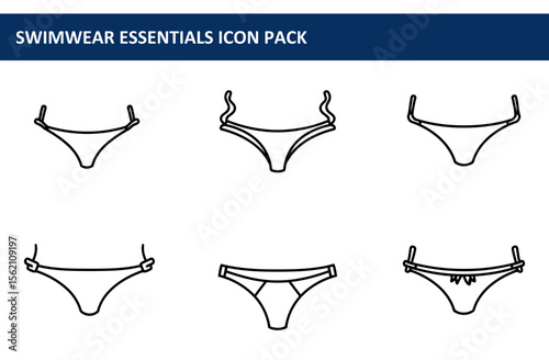 Swimsuit bottom icons showcasing various styles in a simple, graphic design format. Flat line art illustrations of women's swimwear bottoms in various styles.