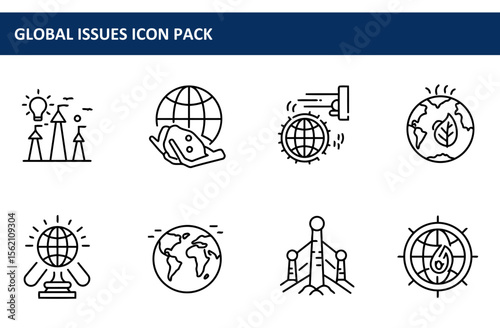 Global issues icon pack showcasing various themes related to sustainability, environmental concerns, and progress.
