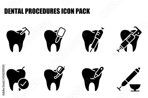 Dental procedures icon set depicting various treatments for teeth. Illustrations show tools and materials being used on the tooth in a clinical setting.