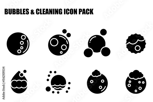 Cleaning bubbles icon pack depicting various stages of cleaning action. Collection of diverse cleaning icons for use in product advertising or educational materials.