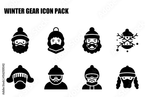 Winter wear icons of diverse men in various winter attire. Illustrations of men with winter headwear and jackets, some with facial coverings, against a plain background.