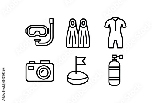 Dive gear icons: snorkel, fins, wetsuit, camera, marker, tank vector icon isolated illustration