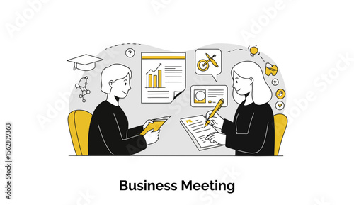 Two professional women in business attire engaged in a collaborative meeting at a modern office. The women are reviewing documents and discussing important information.
