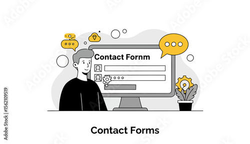 Young man looking at a computer screen displaying a contact form in a simple, modern illustration. Male, casual attire, observing digital contact interface.