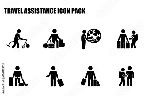 Travel assistance icons depicting diverse people with mobility aids and luggage in various travel scenarios. Illustrations for accessibility and travel services.
