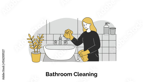 A young woman with blonde hair cleans a bathroom sink wearing gloves and a black shirt. She is scrubbing the sink in a home bathroom.
