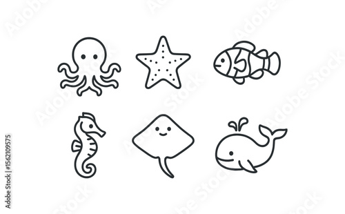 Sea creatures outline: octopus, starfish, clownfish, seahorse, stingray, whale vector icon isolated illustration