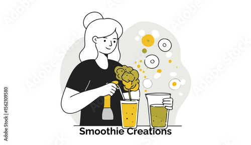 Young woman making a smoothie in a modern kitchen setting. Preparing a smoothie drink with various ingredients and blending devices in a professional bar setting.