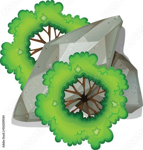 A grey gradient rock with some bright green trees attached to it for educational purpose, decoration or art
