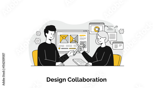 Design collaboration between two young professionals in casual clothing, discussing design concepts on a computer screen in an office setting. Teamwork in a creative office space.