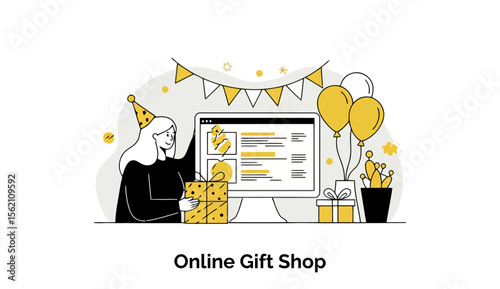 Young woman in a black sweater with a party hat holding a gift, browsing an online gift shop website with balloons and party decorations in a modern workspace.