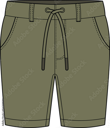 Olive green shorts front view with drawstring waist and pockets, stylish comfortable summer fashion illustration, casual clothing template design