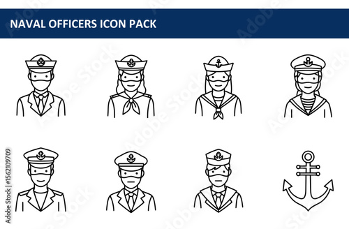 Naval officers in uniform with face masks, in a professional setting. Portraits of various naval personnel with a maritime anchor, in a digital icon pack.
