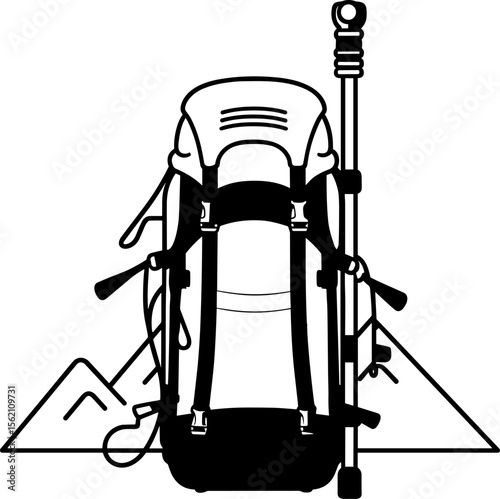 Hiking Backpack with Poles and Mountain Silhouette for Travel Adventure