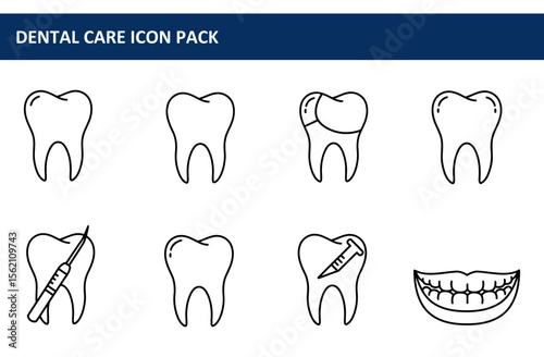 Dental care icons for various procedures in simple line art style. Collection of diverse dental treatments displayed in a professional, easily understandable manner.
