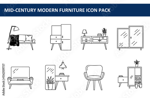 Mid-century modern furniture illustrations of various pieces in a home setting. Simple line drawings of a sofa, dresser, wardrobe, armchair, and a nightstand with details showing design elements.