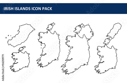 Irish Islands outline maps in simple black lines. Set of three outlined maps of the Irish islands for geographical reference in a white background.