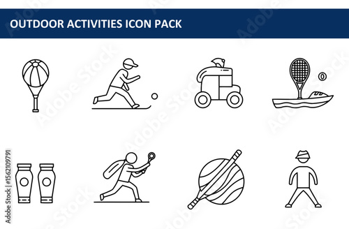 Outdoor activity icons depicting various sports and recreational activities. Diverse people engaged in actions such as playing ball, operating a golf cart, playing tennis, and boating.