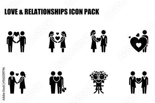 Love and relationships icon set featuring diverse couples in various poses and holding hearts or bouquets. Diverse couples in various love relationships.
