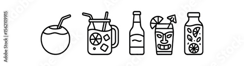Outline icons of various drinks including coconut, cocktail, bottles vector icon isolated illustration