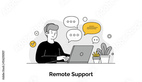 Young adult male in casual wear providing remote support at home office, seated at desk with laptop, interacting via chat bubbles.